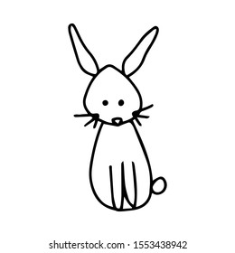 Cute rabbit in cartoon outline style isolated on white background. Vector doodle hand drawn illustration. Easter rabbit. Bunny isolated. Cute hare. Coloring book. Logo farmers market. Print t shirt. 