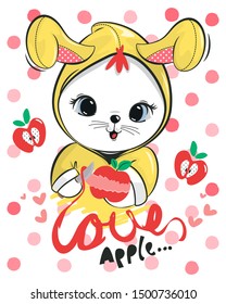 Cute rabbit cartoon peeling red apple on pink polka dot background illustration vector. 