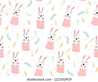Cute rabbit cartoon seamless pattern animal with carrots and leaf on white color background.vector,illustration.
