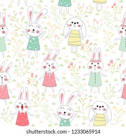 Cute rabbit cartoon seamless pattern animal with leaf and flower on white color background.vector,illustration.
