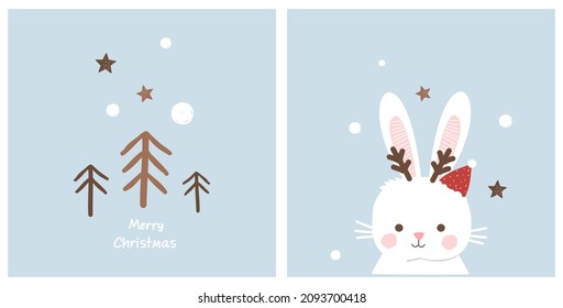 Cute rabbit cartoon, snowflakes and pine trees on blue sky backgrounds vector illustration. Merry Christmas.