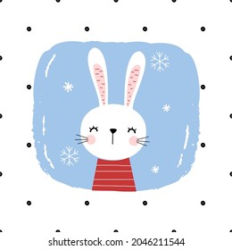 Cute rabbit cartoon with snowflakes winter season on dots background vector illustration. 
