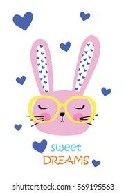 Cute rabbit cartoon with sweet hearts vector illustration.