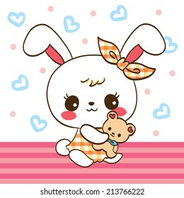 Cute rabbit cartoon and teddy bear on heart background
