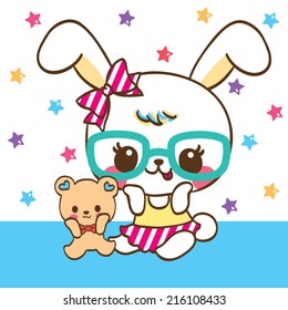 Cute rabbit cartoon and teddy bear on star background