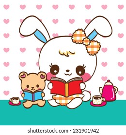 Cute rabbit cartoon and teddy bear Reading on pink heart background