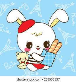 Cute Rabbit cartoon and teddy bear on the Eiffel Tower  background.