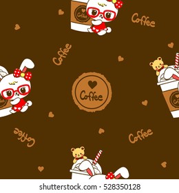 Cute Rabbit cartoon and Teddy bear with coffee seamless pattern.