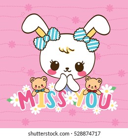 Cute Rabbit cartoon and teddy bear on pink flower background