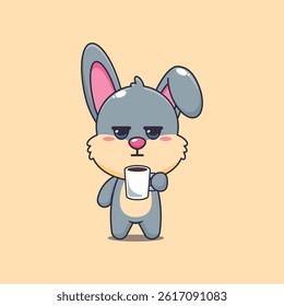Cute rabbit cartoon vector illustration is tired and sleepy holding coffee