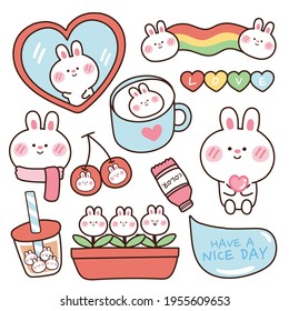 Cute rabbit in cartoon.Animals character design.Rainbow,heart,flower,cherry,bubble milk tea hand drawn.Kid graphic.Art.Image.Sticker.Isolated.Kawaii.Vector.Illustration.