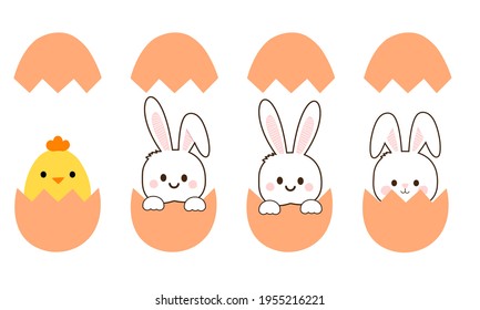 Cute rabbit cartoons and egg shell icons isolated on white background vector illustration. Easter day.