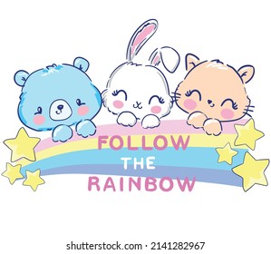 Cute Rabbit Cat   Bear Baby   rainbow Vector Illustration Print