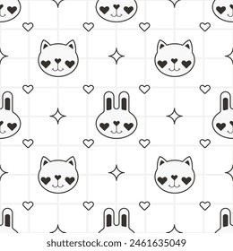 Cute Rabbit and Cat Pattern Background Black and White