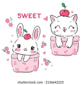 Cute rabbit and cat sits in pocket with cherry, kids print vector illustration svg