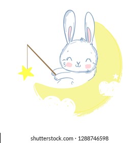 Cute Rabbit catch the stars on the moon.  Vector Illustration.