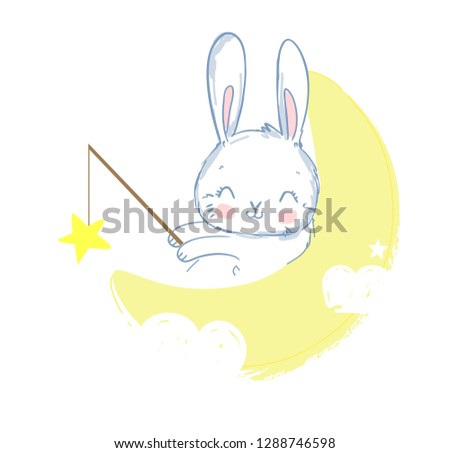 Cute Rabbit catch the stars on the moon.  Vector Illustration.