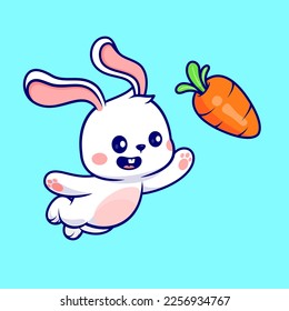 Cute Rabbit Catching Carrot Cartoon Vector Icon Illustration. Animal Nature Icon Concept Isolated Premium Vector. Flat Cartoon Style