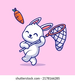 Cute Rabbit Catching Carrot With Fishing Net Cartoon Vector Icon Illustration. Animal Nature Icon Concept Isolated Premium Vector. Flat Cartoon Style