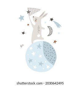 Cute rabbit with catching stars isolated on white. Children's print for clothes, nursery, postcards, posters. Vector illustration