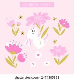 Cute rabbit with chamomile or daisy flowers and leaves isolated. Summer collection in cartoon style. Clipart for kids designs.