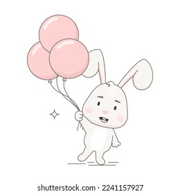 Cute rabbit character with balloons isolated on white. Easter bunny vector illustration.