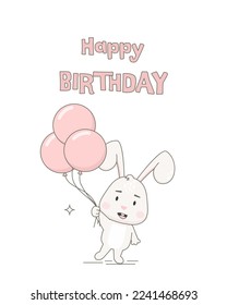 Cute rabbit character with balloons isolated on white. Birthday postcard template. Bunny vector illustration.