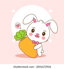 Cute rabbit character with big carrot cartoon design illustration