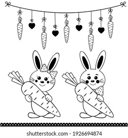 Cute rabbit character with carrot and Easter garland