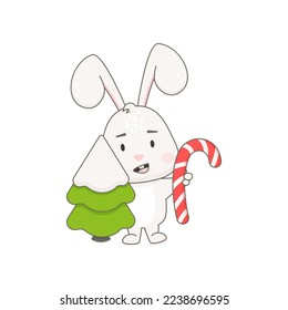 Cute rabbit character with Christmas tree isolated on white. Bunny vector illustration.