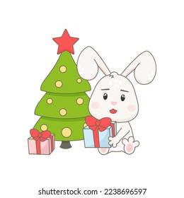 Cute rabbit character with Christmas tree isolated on white. Bunny vector illustration.
