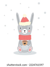 Cute rabbit character with coffee cup. Christmas ilustration for nursery wall art in scandinavian style. Design for baby, kids poster, nursery wall art, card, invitaton.