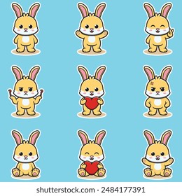 Cute Rabbit character different poses illustration. Cartoon character design. Flat Cartoon Style. Cute Animal Set.