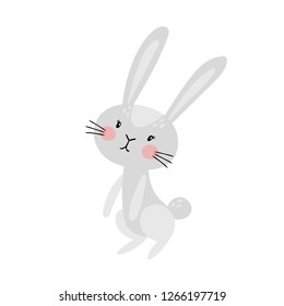Cute rabbit character for easter isolated on white. Vector illustration with calmy hare standing used for kids magazine, book, stickers, greeting cards.