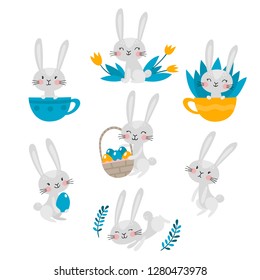 Cute rabbit character for easter isolated on white. Vector set with happy hares, flowers and eggs in gray, blue and yellow colors used for kids magazine, book, stickers, greeting cards.