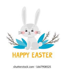 Cute rabbit character for easter isolated on white. Vector illustration with calmy hare with willow in cartoon style used for kids magazine, book, stickers, greeting cards.