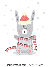Cute rabbit character in garland. Ilustration for nursery wall art in scandinavian style. Design for baby, kids poster, nursery wall art, card, invitaton.