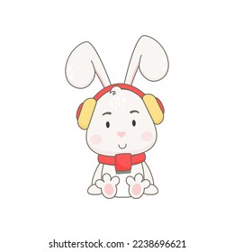 Cute rabbit character with headphones isolated on white. Bunny vector illustration.