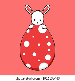 Cute rabbit character hiding behind egg cartoon vector icon illustration. Easter day icon concept isolated vector. Flat cartoon style