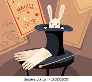 Cute rabbit character hiding in top hat vector illustration. Headwear with wild animal, gloves and wand on table, posters or invitation cards in background. Circus, magic concept