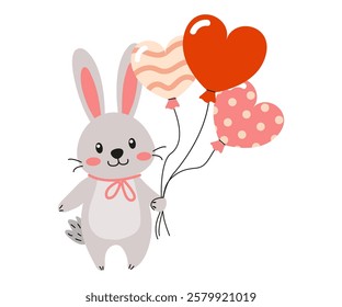 A cute Rabbit character holding colorful Heart Balloons for joyful celebrations