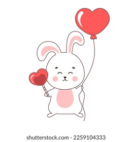 Cute rabbit character holding heart shaped baloon and candy, illustration for valentine`s day in cartoon style, lovely animal for love cards 