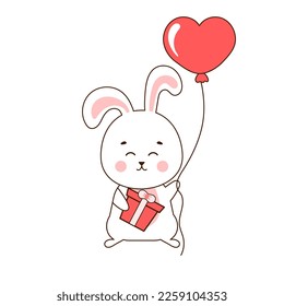 Cute rabbit character holding heart shaped baloon and gift box, illustration for valentine`s day in cartoon style, lovely animal for love cards 