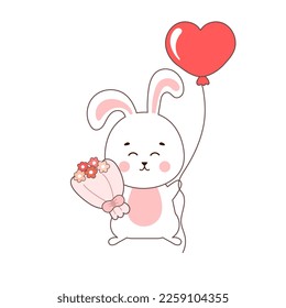 Cute rabbit character holding heart shaped baloon and flowers, illustration for valentine`s day in cartoon style, lovely animal for love cards 
