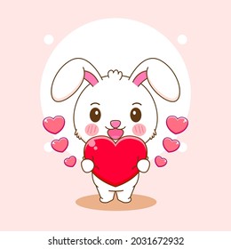 Cute rabbit character holding love heart cartoon design illustration