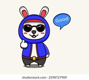 Cute Rabbit Character in Hoodie with Sunglasses Saying "Good", Vector Illustration