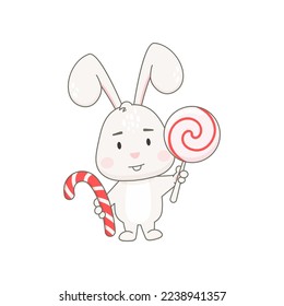 Cute rabbit character with lollipop and candy cane isolated on white. Bunny vector illustration.