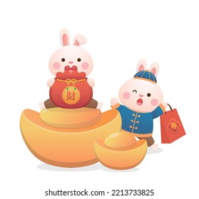 Cute rabbit character or mascot with Chinese lunar new year gold ingot elements, year of the rabbit, vector cartoon style, Chinese translation: money and spring