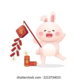 Cute rabbit character or mascot with firecrackers for Chinese New Year, Year of the Rabbit, vector cartoon style, Chinese translation: Blessing with spring
