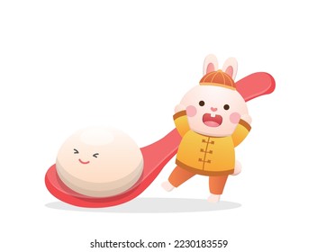 Cute rabbit character or mascot with glutinous rice balls, Lantern Festival or Winter Solstice, delicious glutinous rice sweet food in Asia, playful and cute cartoon style